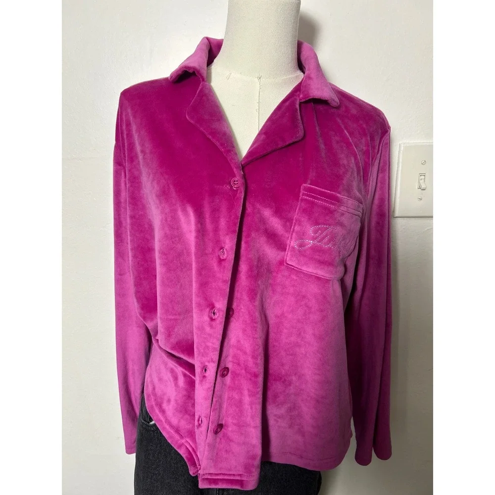 Juicy Couture Pink Velour Pajama‎ Top Rhinestone Logo Button Up Sleepwear